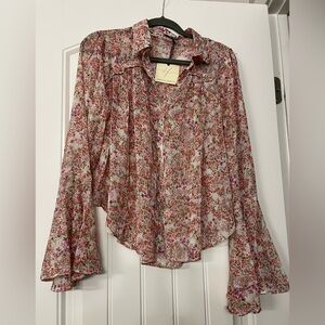Dress Forum Floral Sheer Blouse - Pink with Tie Neck Design M